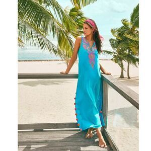 Lilly Pulitzer Nolia Cover-Up Maxi Dress Embroidered Pom Pom Cotton XXS 282292